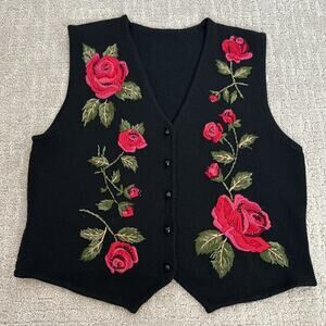VTG wool embroidered vest floral flowers beaded acrylic blend sleeveless